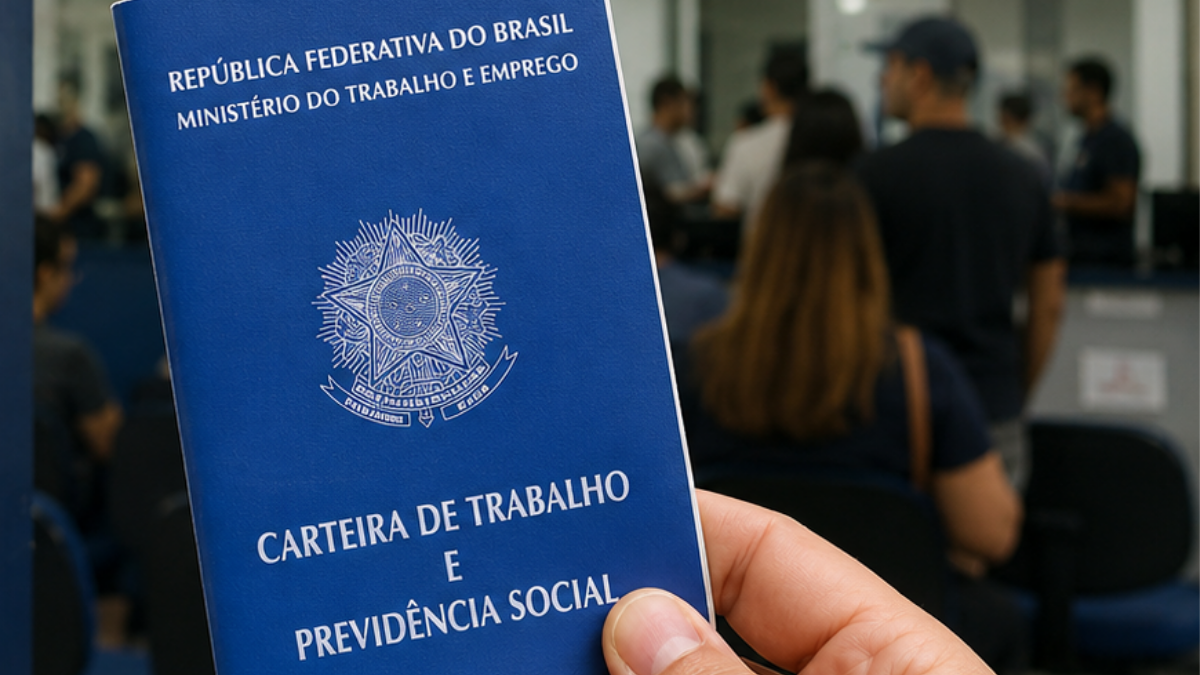 Pessoa segurando uma Carteira de Trabalho azul com o Ministério do Trabalho e Emprego ao fundo, em destaque para Vagas de emprego em Santos e orientação de candidatura para 26 vagas.