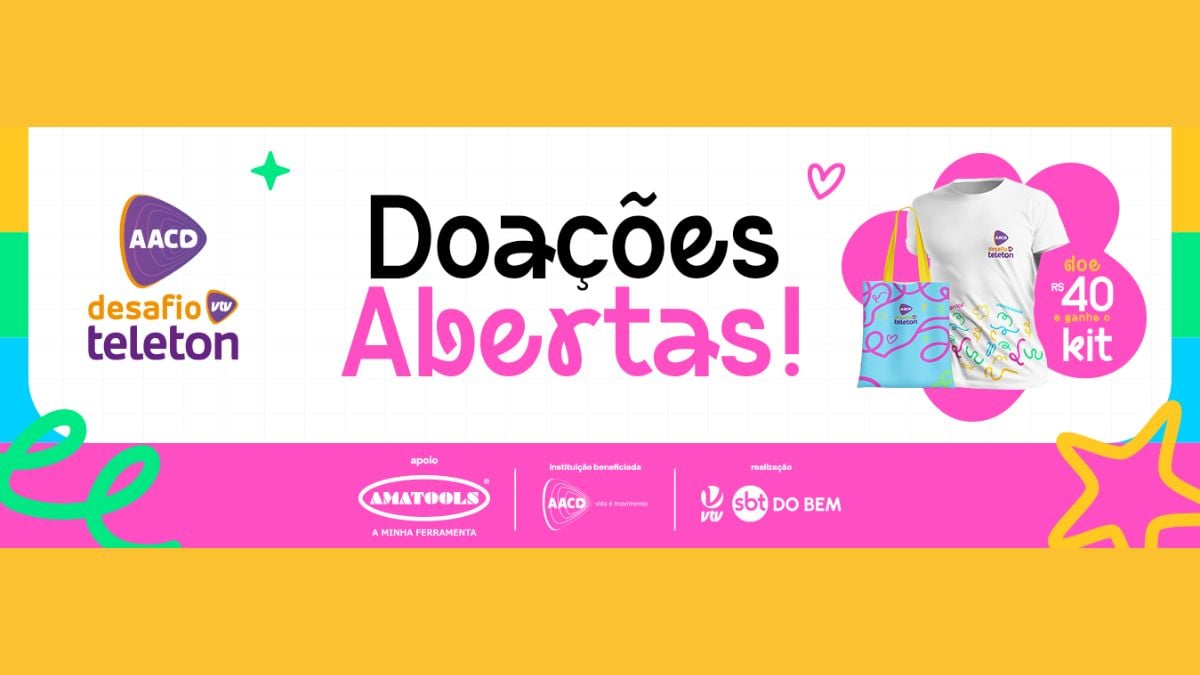 Desafio Teleton VTV 2026 abre inscrições para doações, com layout colorido e destaque para o apelo de doações e benefícios (R$ 40)