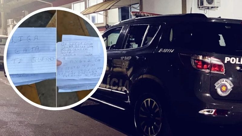 faxineira perseguida em Limeira durante expediente, com detalhe de uma anotação em papel e viatura da polícia ao fundo, no caso em Limeira