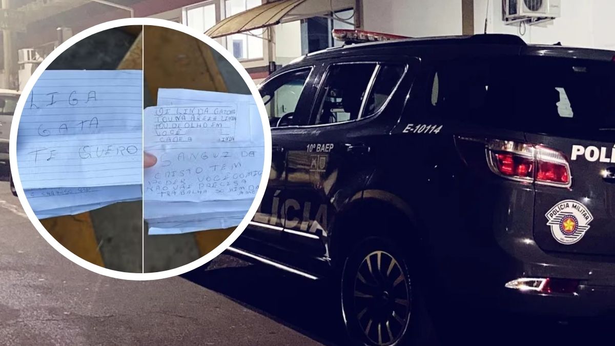 faxineira perseguida em Limeira durante expediente, com detalhe de uma anotação em papel e viatura da polícia ao fundo, no caso em Limeira