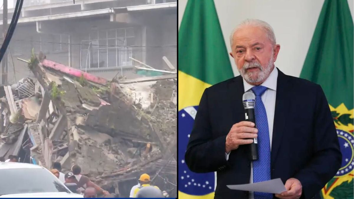 Lula lamenta terremoto na Colômbia em mensagem pública, enquanto à esquerda aparece imagem de destruição causada pelo terremoto, com escombros e equipes de resgate
