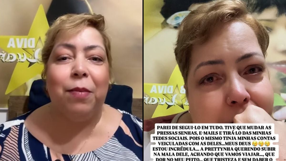 Tulla Luana em dois registros de entrevista, falando sobre o fim do casamento, com texto em destaque sobre ter sido enganada por 21 anos.