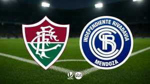 Fluminense x Independiente Rivadavia: escudos dos times no gramado, com iluminação de estádio ao fundo, em imagem de pré-jogo para onde assistir ao vivo e horário