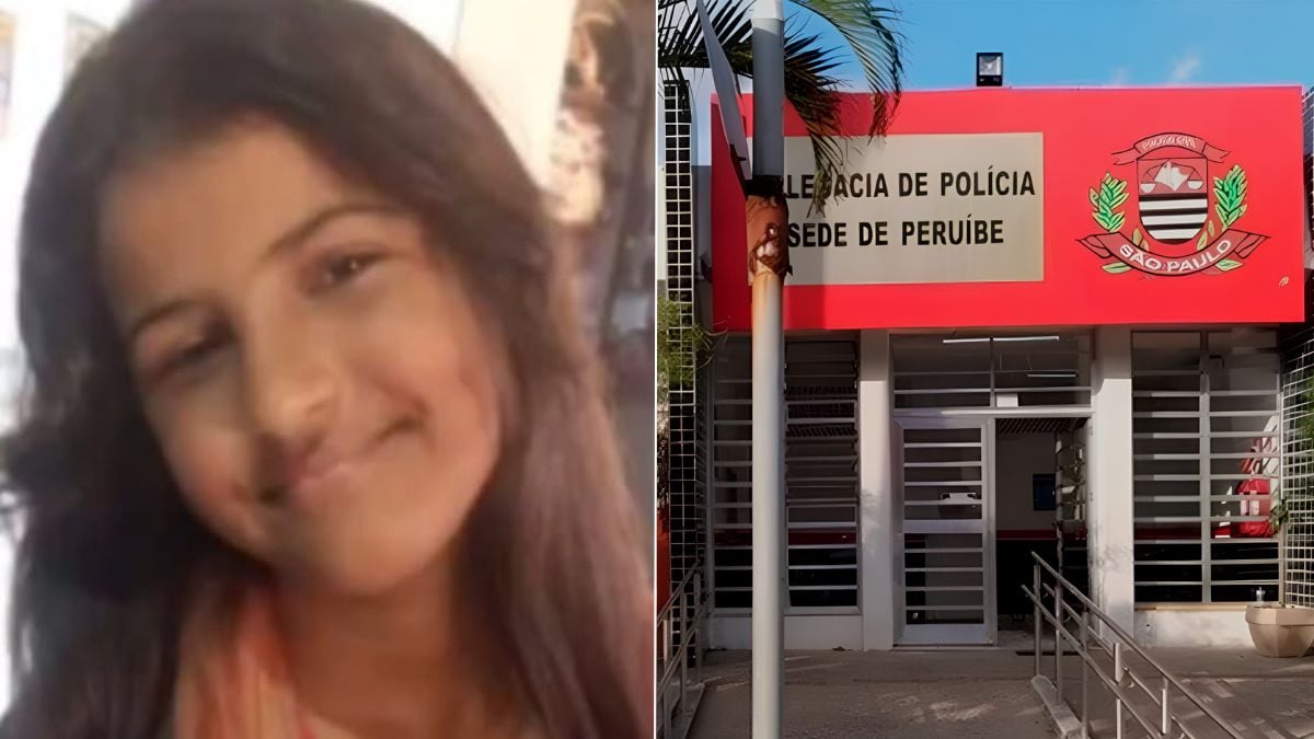 Menina morta em Peruíbe: imagem em montagem com o rosto de uma menina em primeiro plano e, ao fundo, a fachada da Delegacia de Polícia em Peruíbe.