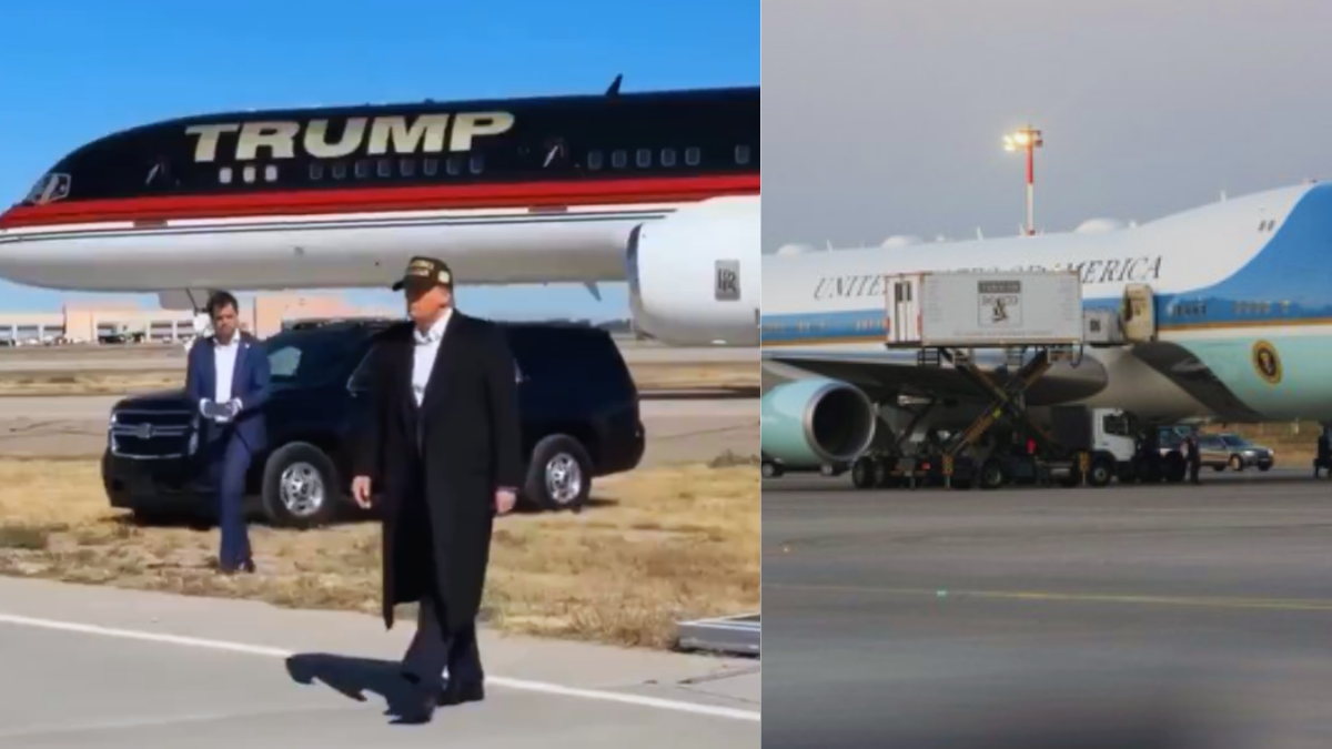 Trump em um aeroporto, caminhando ao lado de um veículo oficial e de uma aeronave, em imagem associada a relato de fuga da Turquia após ameaças de ataque do Irã.