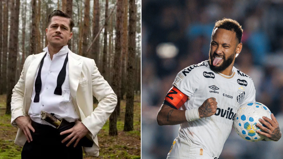 Brad Pitt aparece em uma das imagens, posa ao ar livre com blazer branco; na outra, Neymar simula uma ação com a bola em um campo de futebol.