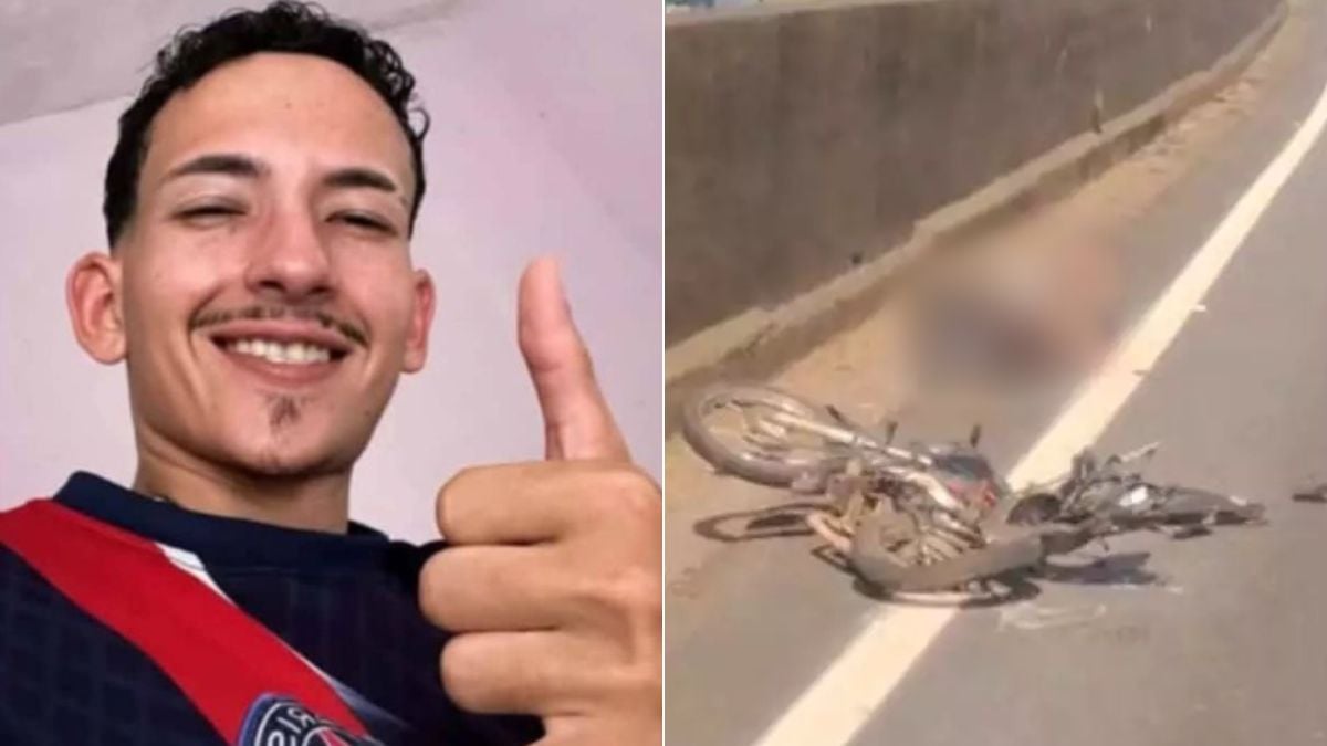 acidente com caminhão na Rodovia Anchieta: motociclista em queda após colisão com caminhão em rodovia, com imagem em destaque e foto do motociclista