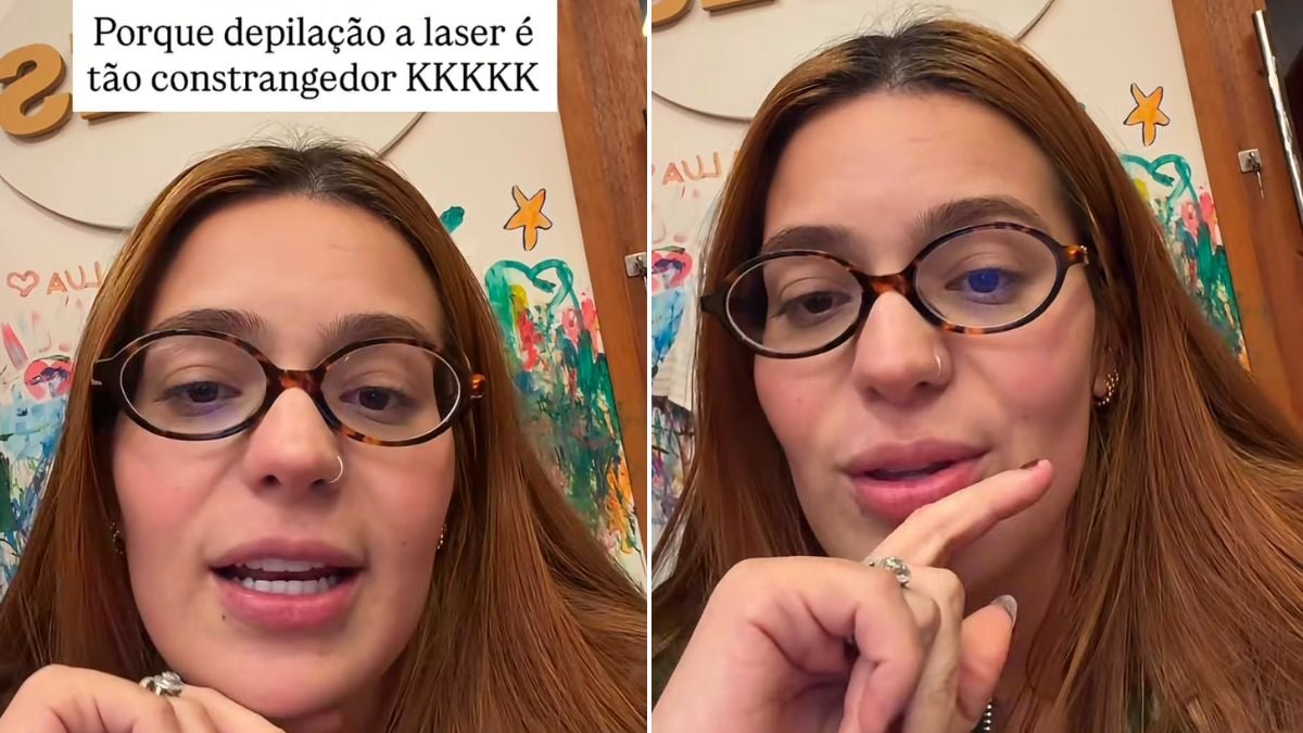 Viih Tube em vídeo fala sobre depilação a laser e depilação intima, em dois enquadramentos com óculos e expressão de constrangimento, com texto na tela “Porque depilação a laser é tão constrangedor KKKKK”.