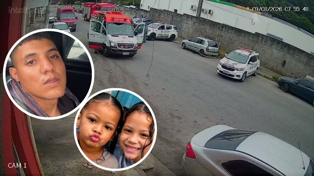 Imagem mostra um registro de câmeras em área externa com veículos e recortes com fotos de um homem e duas crianças. Contexto de crime: pai mata filhas após separação em SP, entenda o vicaricídio e a violência vicária.