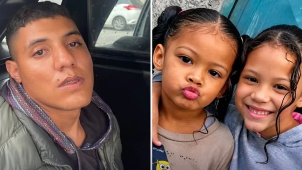 violência vicária: Foto de Breno de Souza Castro ao lado de duas crianças, Ísis Helena Alves de Souza (3 anos) e Lais Heloisa Alves de Souza (5 anos), em imagens lado a lado.