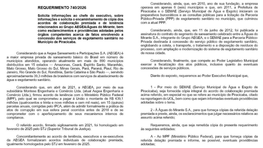 Requerimento da PPP de Piracicaba com a Aegea