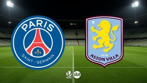 Imagem de um gramado de estádio com os escudos do PSG e do Aston Villa no centro, indicando PSG x Aston Villa, com logotipos da SBT e NEWS na parte inferior.