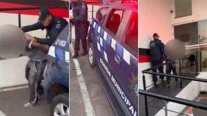 Mulher finge tomar remédio para escapar de cárcere e violência sexual em Campinas, enquanto agentes de segurança aparecem ao lado de uma viatura e dentro de um local interno.