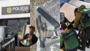 Suspeito de sequestro e tortura de advogado morre em confronto com PM em São Vicente: imagens de apoio com viaturas e policiais em ação, além de uma cena com estrutura danificada.