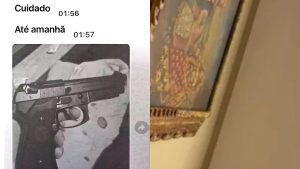 caso Agente da CET-Santos: Frame de vídeo com alerta “Cuidado” e contagem de tempo, mostrando uma arma de fogo em close à esquerda e, à direita, um detalhe de um objeto em contexto de suposta agressão envolvendo caso de “Agente da CET-Santos”.
