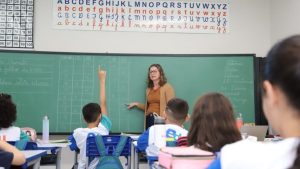 Ideb de Piracicaba: Professora em sala de aula leciona para alunos em carteiras, em frente a um quadro verde com anotações e atividades, em contexto educacional.