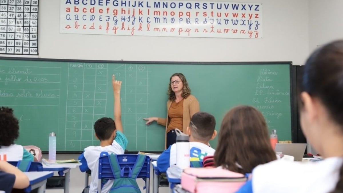 Ideb de Piracicaba: Professora em sala de aula leciona para alunos em carteiras, em frente a um quadro verde com anotações e atividades, em contexto educacional.