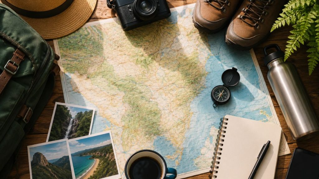 cachoeiras: mapa de viagem aberto com trilhas e dicas, fotos de paisagens, caderno e itens de aventura sobre a mesa com garrafa térmica e binóculos, clima de roteiro no Brasil