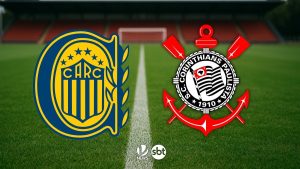 Rosario Central x Corinthians hoje: imagem de confronto com os escudos das equipes no campo de futebol, destacando CARC e Corinthians.