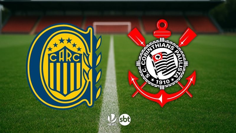 Rosario Central x Corinthians hoje: imagem de confronto com os escudos das equipes no campo de futebol, destacando CARC e Corinthians.