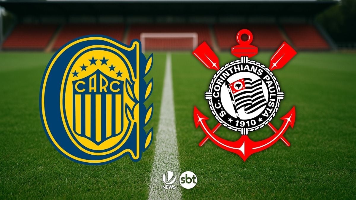 Rosario Central x Corinthians hoje: imagem de confronto com os escudos das equipes no campo de futebol, destacando CARC e Corinthians.