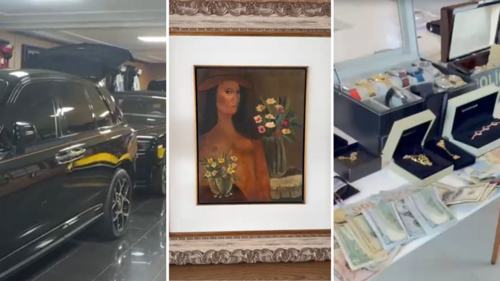 Painel com três imagens: carro em garagem, quadro decorativo com retrato e buquês, e mesas com joias e documentos em ambiente de avaliação. Operação Arena