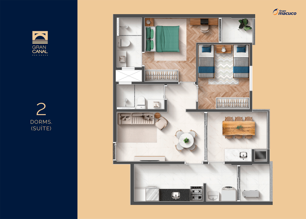 demonstração de apartamento com 2 suítes e 65 m² do projeto Gran Canal Residence em Santos