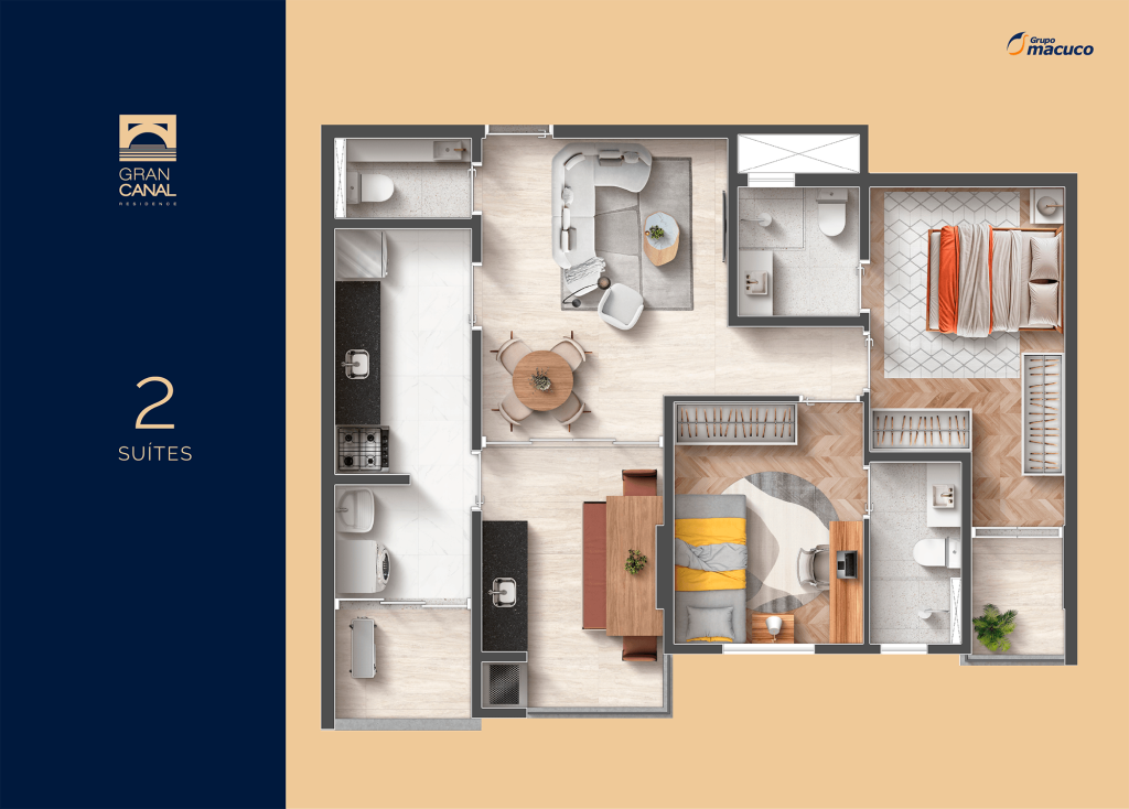 demonstração de apartamento com 2 suítes e 70 m² do projeto Gran Canal Residence em Santos