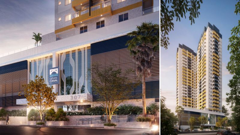 Imagens de fachada de prédios residenciais em Santos, com área de entrada e vegetação, apresentando o lançamento do Gran Canal Residence em Santos.