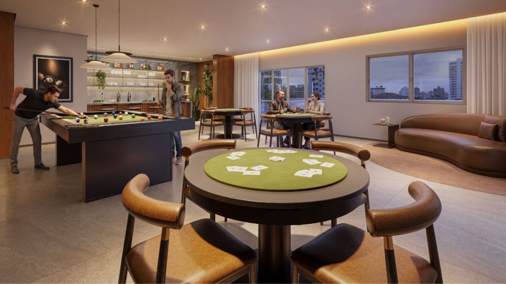 Gran Canal Residence em Santos: Sala de lazer decorada com mesa de jogos e área de convivência em empreendimento residencial do Campo Grande, Santos, com área social e ambiente de entretenimento