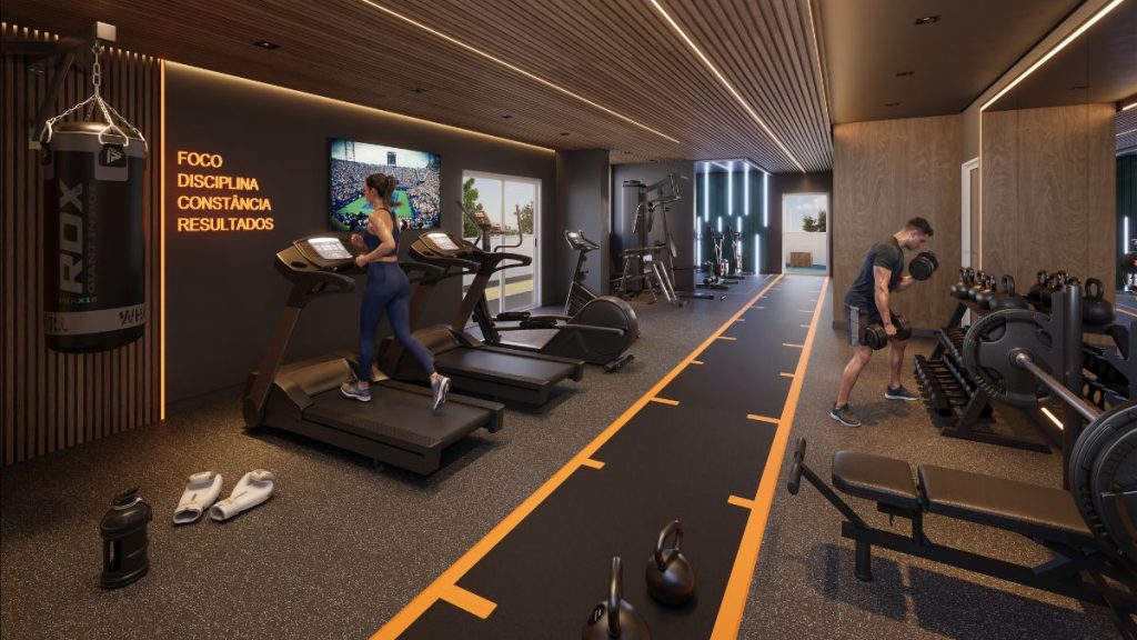 Academia em empreendimento imobiliário com área de treino equipada, esteira e halteres, ambientes modernos e iluminação embutida, sugerindo lazer do Gran Canal Residence em Santos no Campo Grande