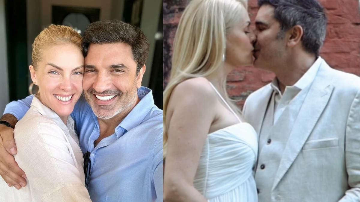 Ana Hickmann e Edu Guedes em fotos de pré-wedding, com o casal sorrindo e se beijando em clima de celebração antes do casamento.