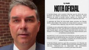 Flávio Bolsonaro filiação: Flávio Bolsonaro em foto de notícia ao lado de texto da “NOTA OFICIAL”, sobre alegações de “filiação fraudulenta”: a Missão afirma ter sido vítima após Flávio Bolsonaro aparecer como filiado.