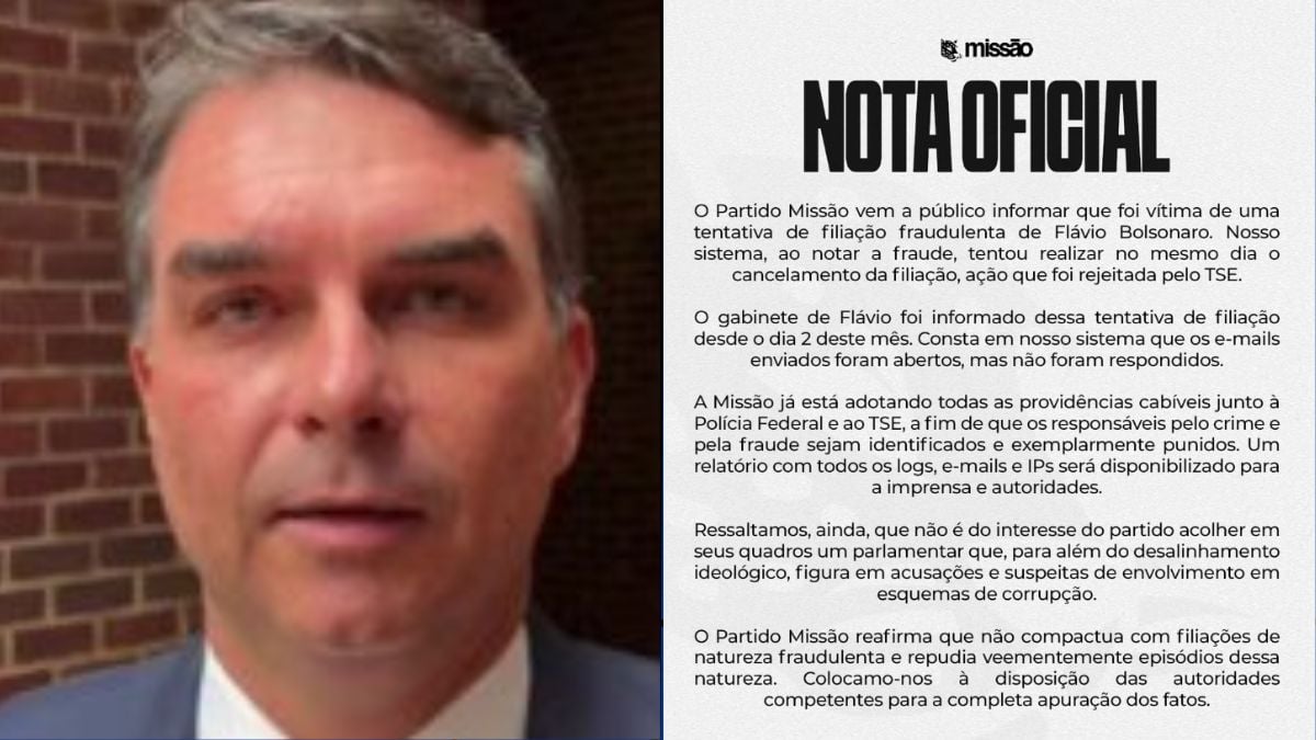 Flávio Bolsonaro filiação: Flávio Bolsonaro em foto de notícia ao lado de texto da “NOTA OFICIAL”, sobre alegações de “filiação fraudulenta”: a Missão afirma ter sido vítima após Flávio Bolsonaro aparecer como filiado.