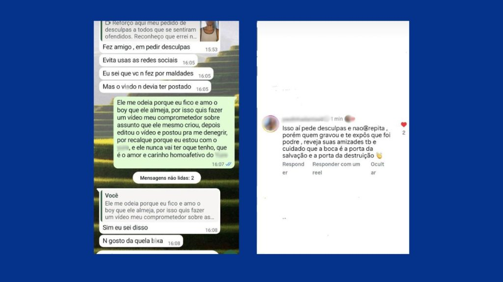 injúria racial em São Vicente: Print de mensagens em redes sociais com pedido de desculpas de um influenciador por falas consideradas racistas no litoral de SP, mencionando São Vicente.