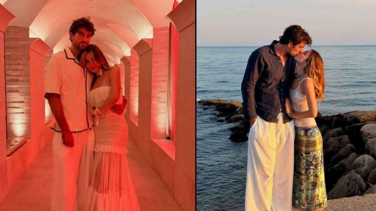 Conor Kennedy, marido de Giulia Be, em fotos românticas: em um corredor com luz vermelha e, ao lado de uma mulher, na beira-mar com o mar ao fundo. Notícia sobre prisão decretada pela Rússia.
