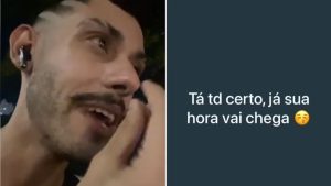 Imagem com dois quadros: homem sorri e fala ao telefone, enquanto no outro lado aparece a frase “Tá td certo, já sua hora vai chega” com emoji. Foto ilustrativa sobre injúria racial em São Vicente.