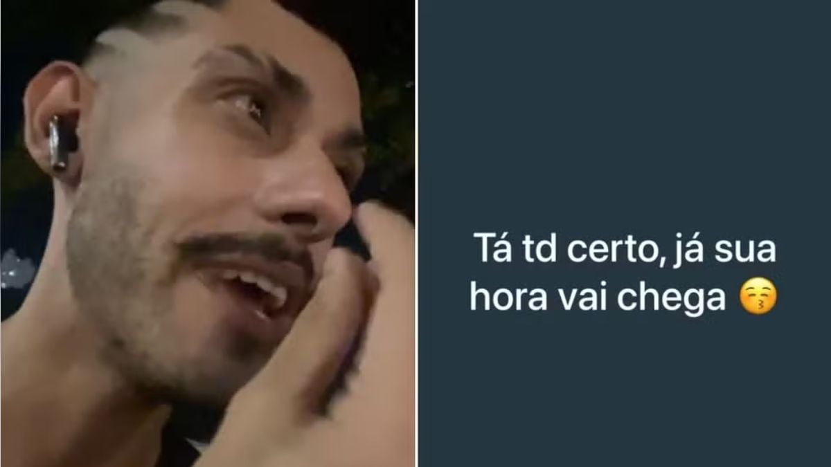 Imagem com dois quadros: homem sorri e fala ao telefone, enquanto no outro lado aparece a frase “Tá td certo, já sua hora vai chega” com emoji. Foto ilustrativa sobre injúria racial em São Vicente.
