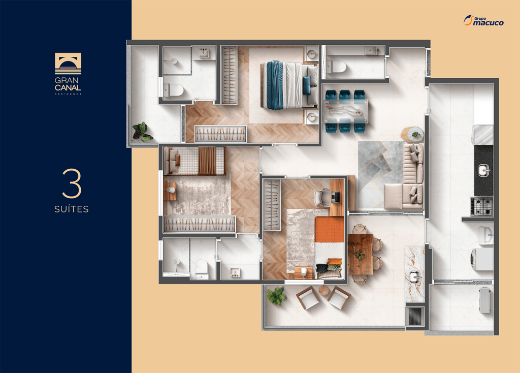 demonstração de apartamento com 3 suítes e 91 m² do projeto Gran Canal Residence em Santos