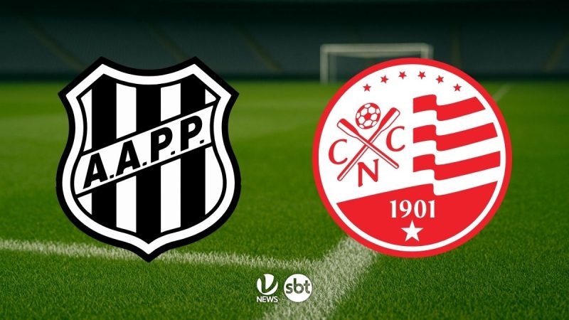 Imagem de confronto esportivo com os escudos da Ponte Preta e do Náutico em campo de futebol, com indicação de transmissão do jogo. Ponte Preta x Náutico: onde assistir ao vivo, horário e escalações.