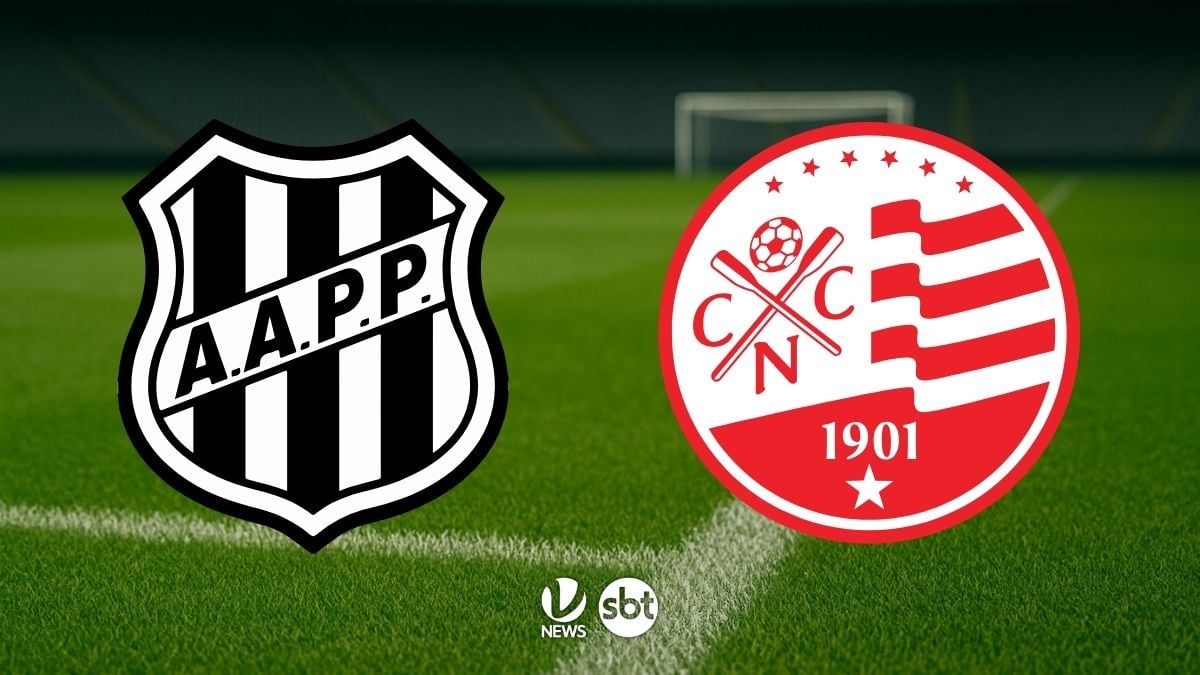 Imagem de confronto esportivo com os escudos da Ponte Preta e do Náutico em campo de futebol, com indicação de transmissão do jogo. Ponte Preta x Náutico: onde assistir ao vivo, horário e escalações.
