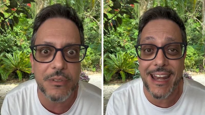 Lúcio Mauro Filho em vídeo, falando diante de uma vegetação ao fundo, com expressão séria ao revelar diagnóstico de câncer no intestino.