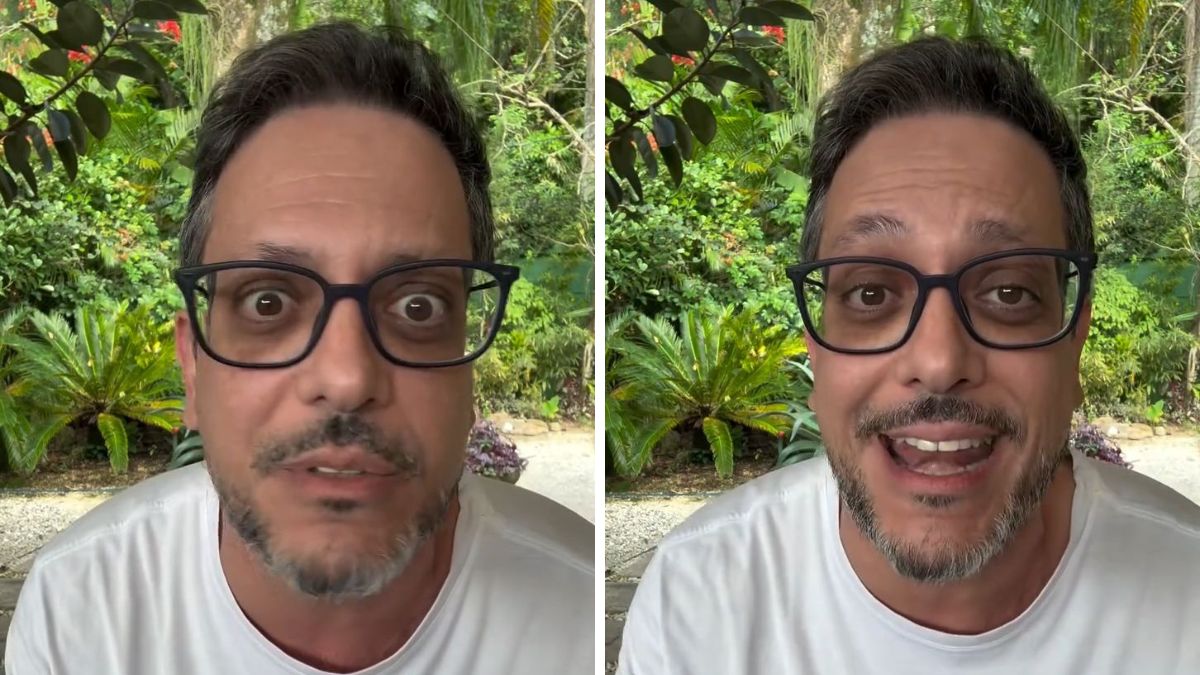 Lúcio Mauro Filho em vídeo, falando diante de uma vegetação ao fundo, com expressão séria ao revelar diagnóstico de câncer no intestino.