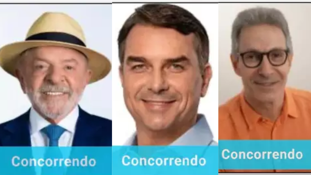 Eleições 2026: fotos de candidatos à presidência dispostas em três painéis, com a indicação “Concorrendo”, associadas à fotos de urna dos candidatos.