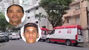Pasteleiro morto em Santos: Toninho do Pastel em Santos, com duas fotos em destaque e uma ambulância do Samu ao fundo em frente a um prédio. Imagem ilustrativa do caso.