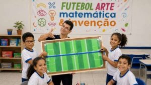 Crianças em sala de aula e uma professora seguram um cartaz verde em um projeto de futebol e matemática em Santos, com banner “Futebol Arte Matemática & Invenção” ao fundo.