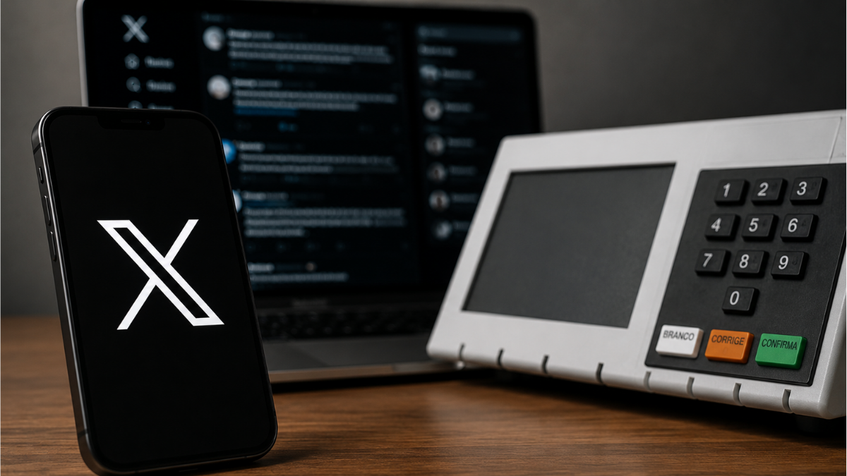 Eleições 2026: smartphone com o logotipo do X em destaque ao lado de um computador com código na tela e um dispositivo de teclado ao fundo, ilustrando a mudança no algoritmo do X e impacto nos candidatos.