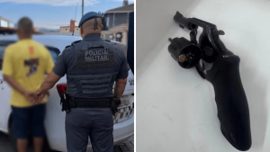 Homem é preso por posso ilegal de arma em Atibaia: policial militar conduz suspeito em viatura e, à direita, aparece uma arma de fogo com munições em registro da ocorrência.