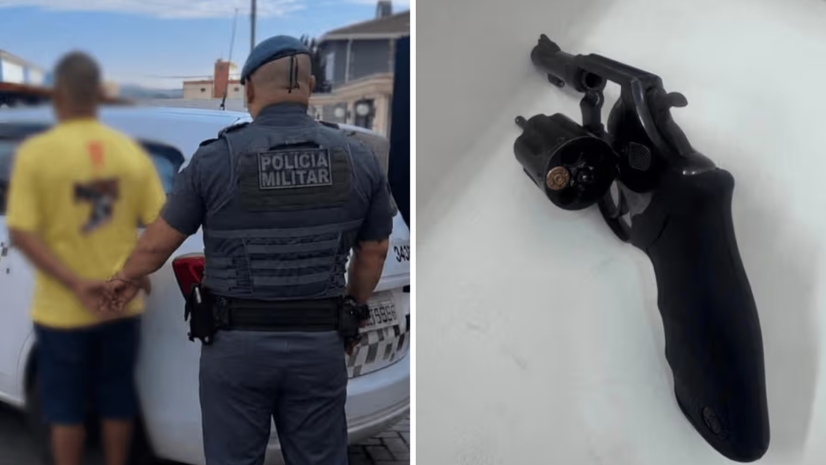 Homem é preso por posso ilegal de arma em Atibaia: policial militar conduz suspeito em viatura e, à direita, aparece uma arma de fogo com munições em registro da ocorrência.