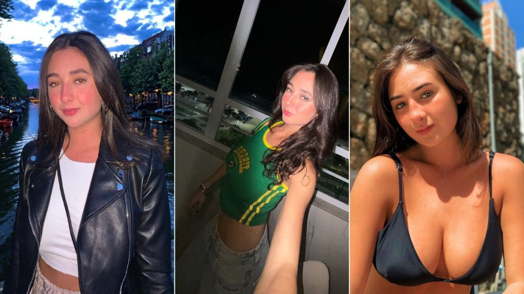 Morte de nutricionista no Guarujá: Três fotos de uma jovem em ambiente externo e interno, vestindo jaqueta de couro e blusa preta, em imagens compartilhadas nas redes sociais; sem elementos visuais que identifiquem o local ou o acidente.